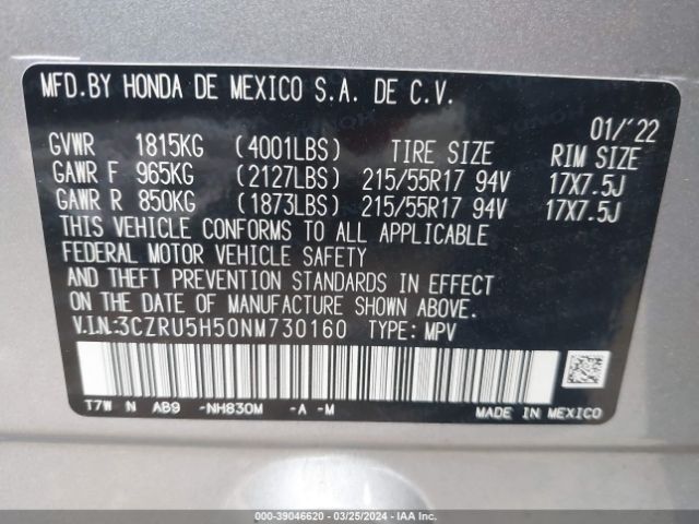 3CZRU5H50NM730160 Honda Hr-v 2wd Ex
