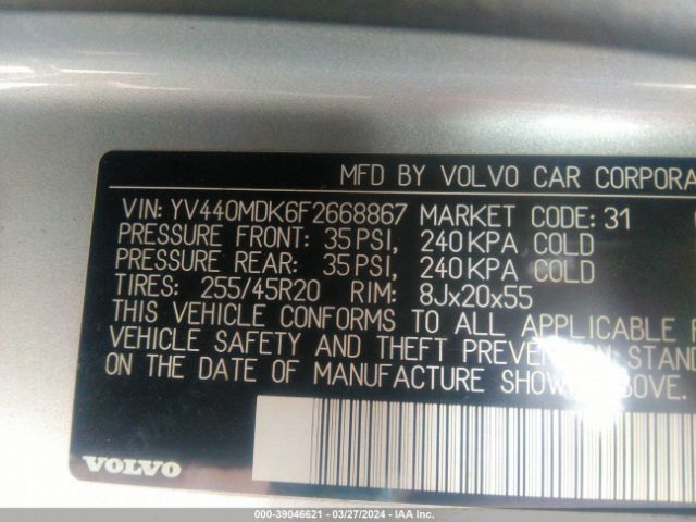 YV440MDK6F2668867 Volvo Xc60 T5 Premier