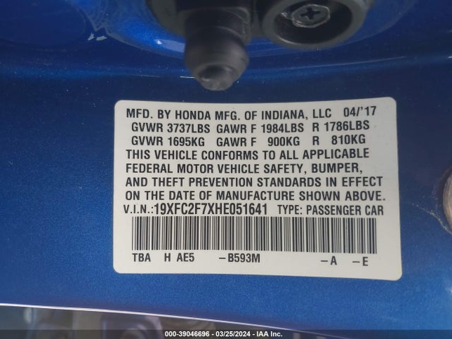 Honda CIVIC EX 2017 19XFC2F7XHE051641 Image 8