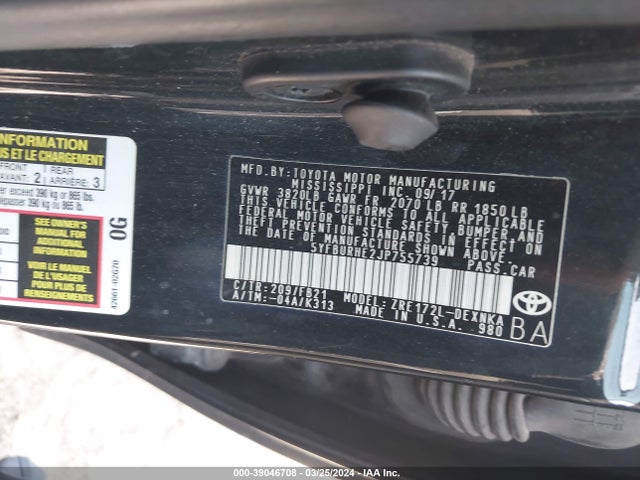 Toyota COROLLA LE 2018 5YFBURHE2JP755739 Image 9