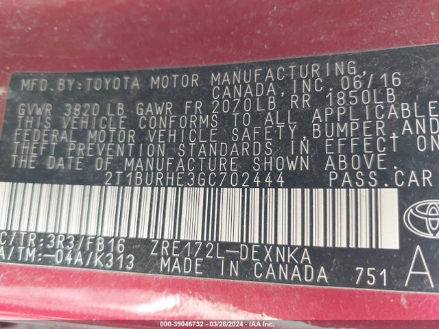 Toyota COROLLA LE 2016 2T1BURHE3GC702444 Image 9