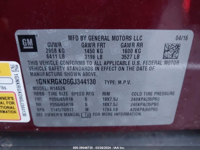 Chevrolet Traverse 1lt 2016 1GNKRGKD6GJ344130 Image 9