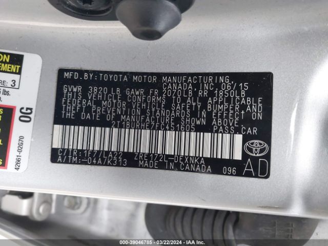 2T1BURHE7FC451605 Toyota Corolla Le Premium