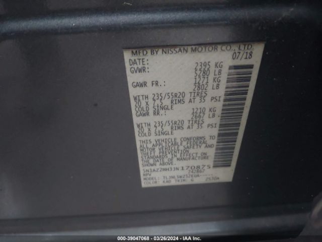 5N1AZ2MH3JN170875 Nissan Murano Platinum