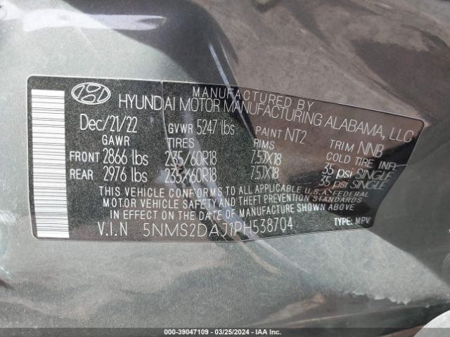 5NMS2DAJ1PH538704 Hyundai Santa Fe Sel