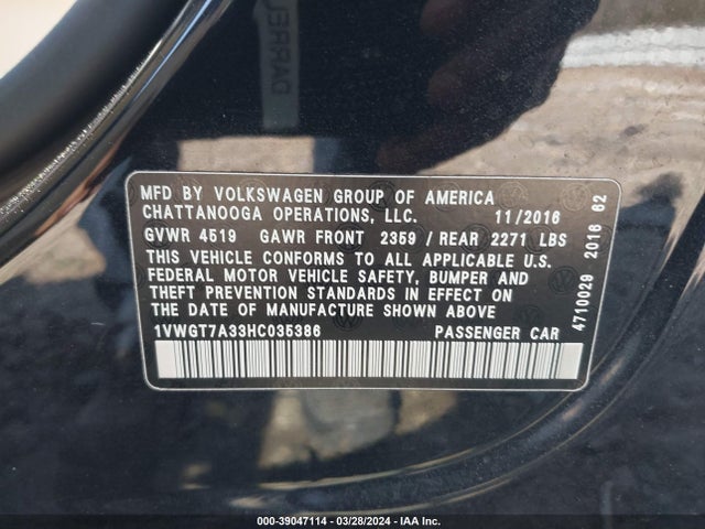 1VWGT7A33HC035386 Volkswagen Passat 1.8t Se