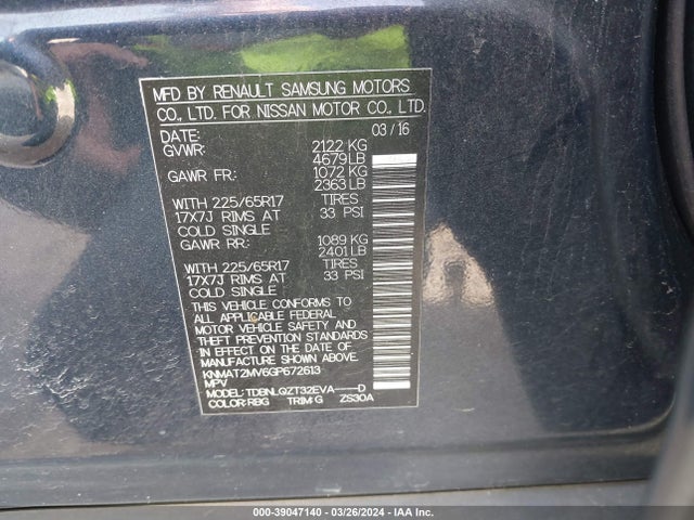 Nissan ROGUE SV 2016 KNMAT2MV6GP672613 Image 9