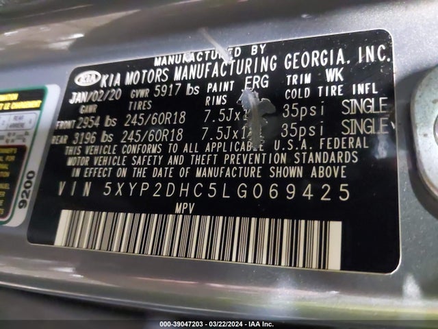 KIA Telluride Lx 2020 5XYP2DHC5LG069425 Image 9
