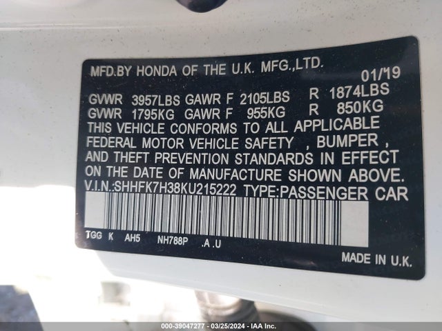 Honda Civic Lx 2019 SHHFK7H38KU215222 Image 9