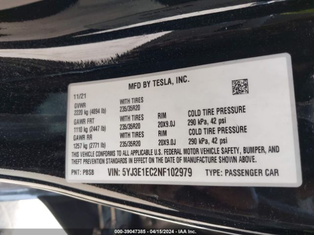 5YJ3E1EC2NF102979 Tesla Model 3 Performance Dual Motor All-wheel Drive