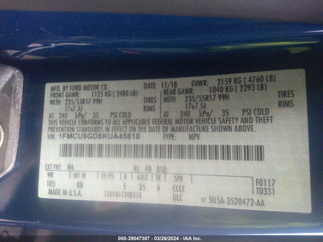 Ford ESCAPE SE 2019 1FMCU9GD8KUA45810 Image 9