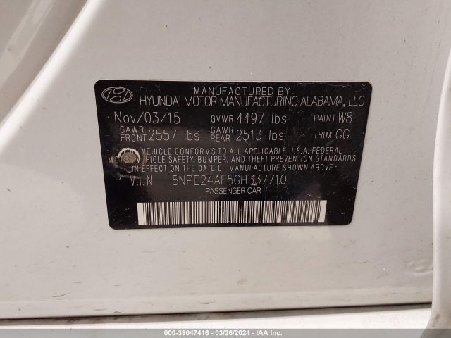 5NPE24AF5GH337710 Hyundai SONATA SE