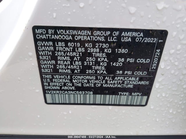 1V2KR2CA3NC563708 Volkswagen Atlas 3.6l V6 Se W/technology