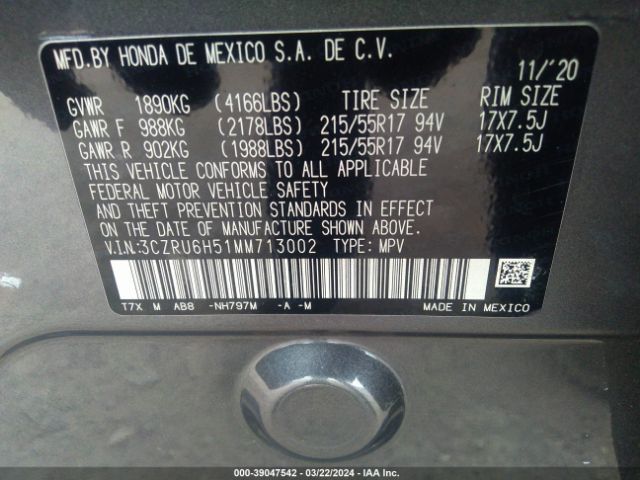 3CZRU6H51MM713002 Honda Hr-v Awd Ex