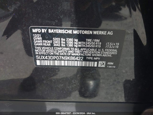 BMW X3 Sdrive30i 2022 5UX43DP07N9K86422 Image 9