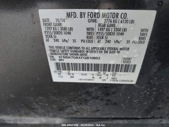 Ford EXPLORER XLT 2015 1FM5K7D8XFGB10803 Image 9