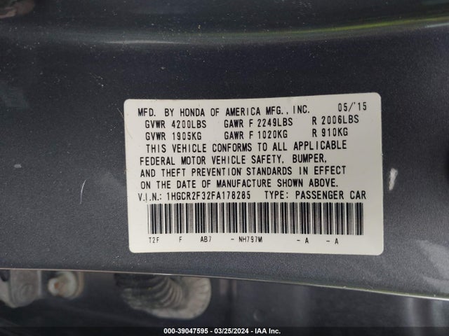 Honda ACCORD LX 2015 1HGCR2F32FA178285 Image 9