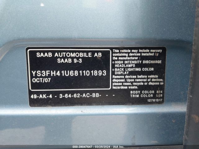 2008 SAAB 9-3 YS3FH41U681101893 Photo 8