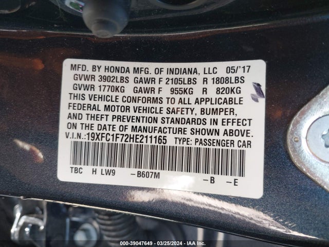 Honda Civic Ex-l 2017 19XFC1F72HE211165 Image 9