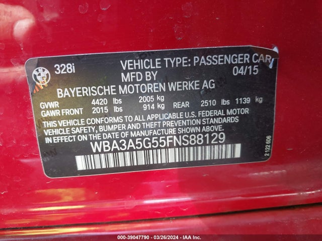 BMW 328I 2015 WBA3A5G55FNS88129 Image 9