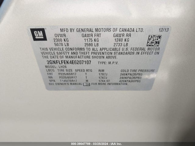 Chevrolet EQUINOX 1LT 2014 2GNFLFEK4E6207107 Image 9