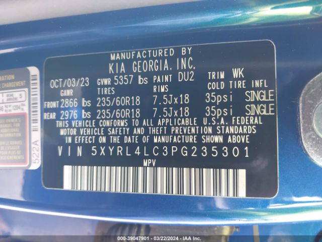 5XYRL4LC3PG235301 KIA SORENTO S