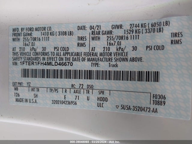 Ford RANGER XL 2021 1FTER1FH4MLD46670 Image 9