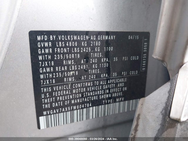 Volkswagen TIGUAN SE 2015 WVGAV7AX5FW604784 Image 9