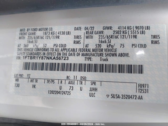 Ford Transit-250 2022 1FTBR1Y87NKA56723 Image 9