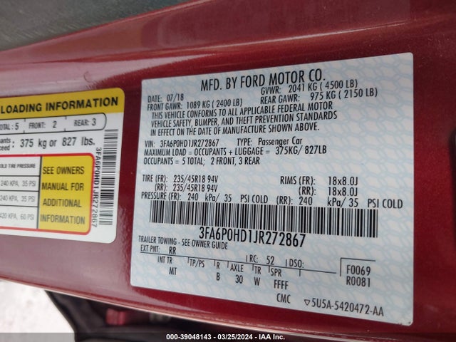 Ford FUSION SE 2018 3FA6P0HD1JR272867 Image 9
