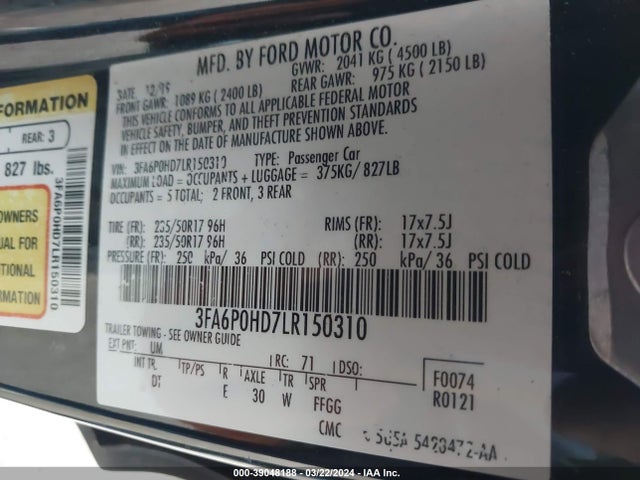 Ford FUSION SE 2020 3FA6P0HD7LR150310 Image 9