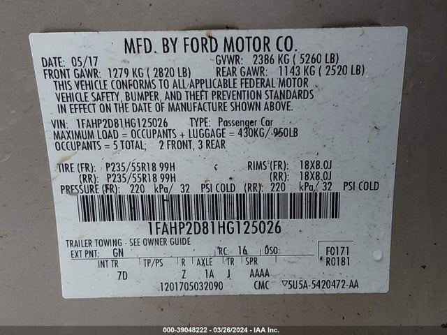 Ford TAURUS SE 2017 1FAHP2D81HG125026 Image 9