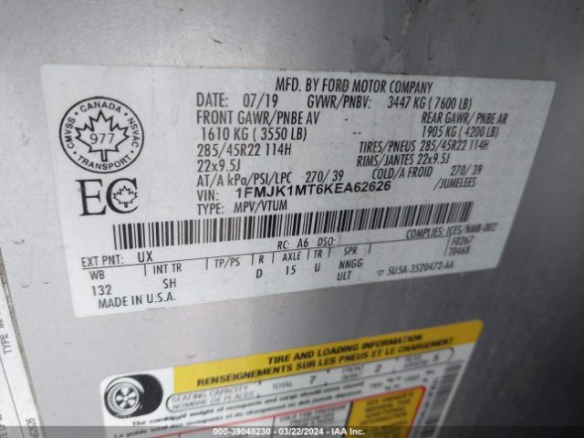 1FMJK1MT6KEA62626 Ford Expedition Max Platinum