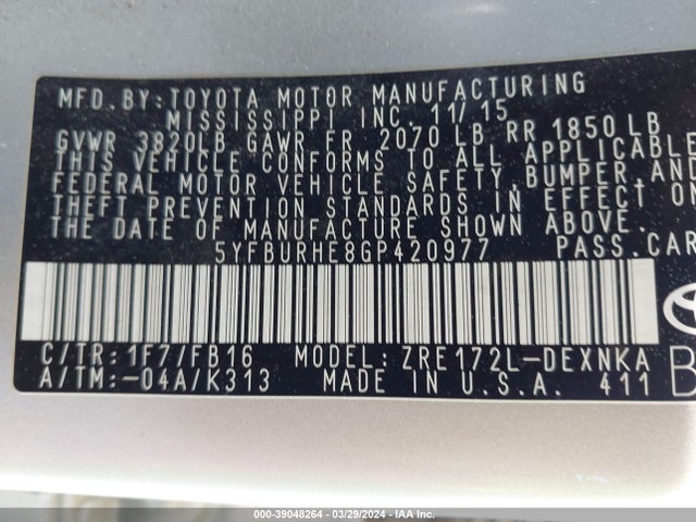 Toyota COROLLA LE 2016 5YFBURHE8GP420977 Image 9