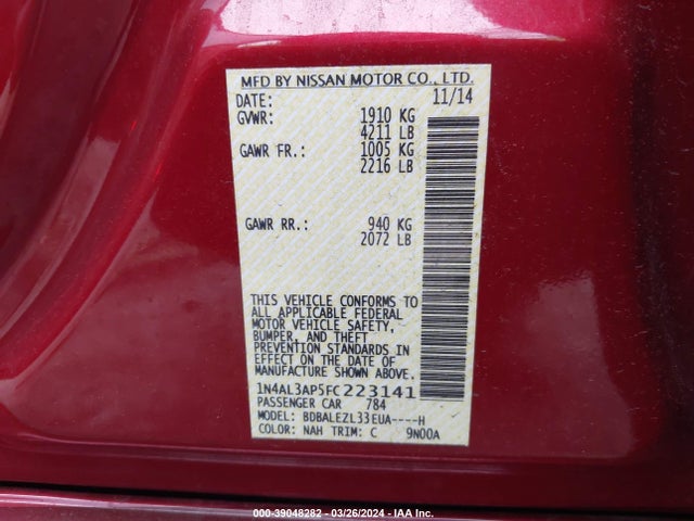 Nissan Altima 2.5 S 2015 1N4AL3AP5FC223141 Image 9