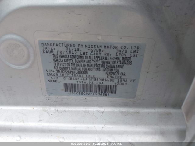 3N1CE2CP8FL408389 Nissan Versa Note S (sr)/s Plus/sl/sr/sv
