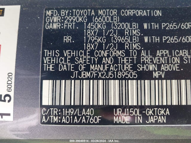 JTJBM7FX2J5189505 Lexus 460