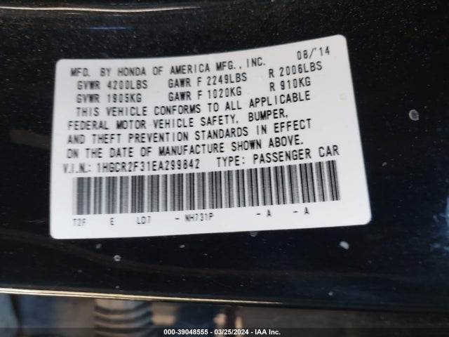 Honda ACCORD LX 2014 1HGCR2F31EA299842 Image 9