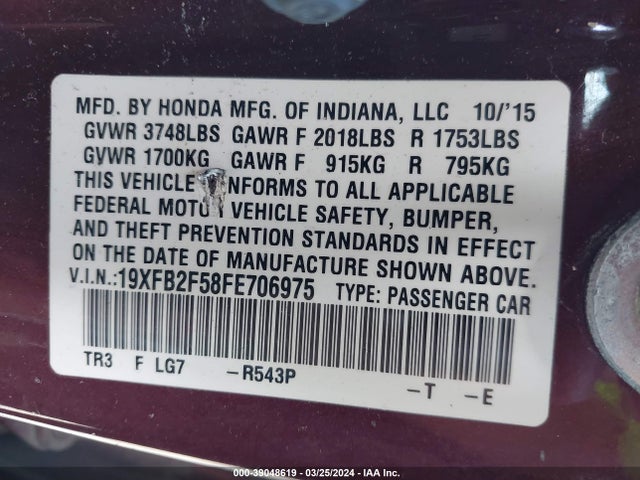 Honda Civic Lx 2015 19XFB2F58FE706975 Image 9