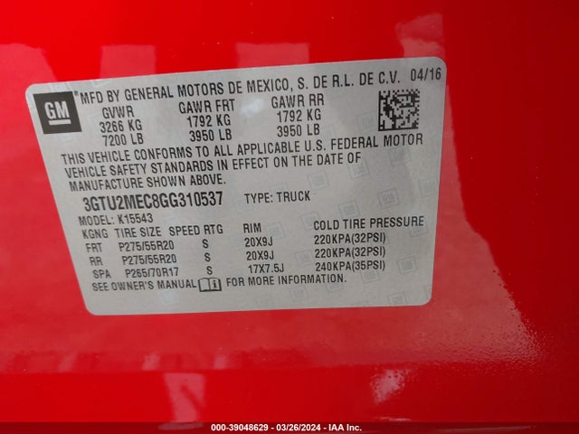GMC Sierra 1500 Sle 2016 3GTU2MEC8GG310537 Image 9