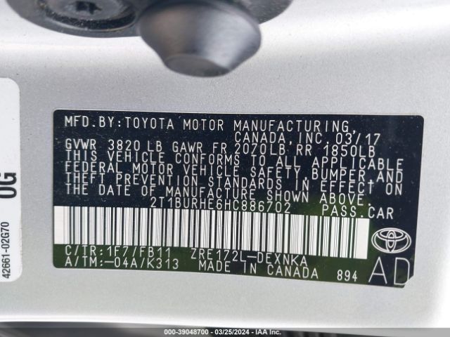 2T1BURHE6HC886702 Toyota Corolla L/le/se/se Special Edition/xle/xse