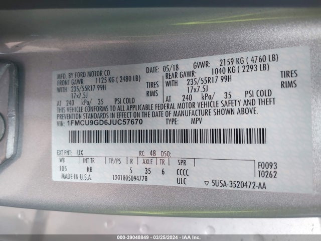 Ford ESCAPE SE 2018 1FMCU9GD6JUC57670 Image 9