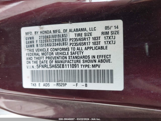 Honda Odyssey Ex-l 2014 5FNRL5H65EB111091 Image 9