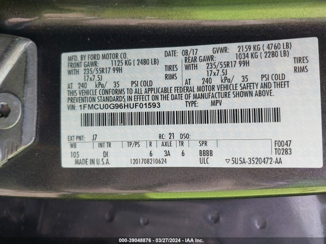 Ford ESCAPE SE 2017 1FMCU0G96HUF01593 Image 9