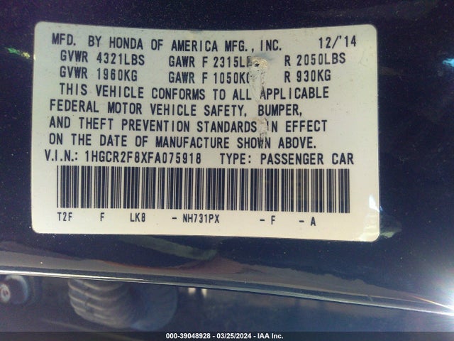 Honda Accord Ex-l 2015 1HGCR2F8XFA075918 Image 9