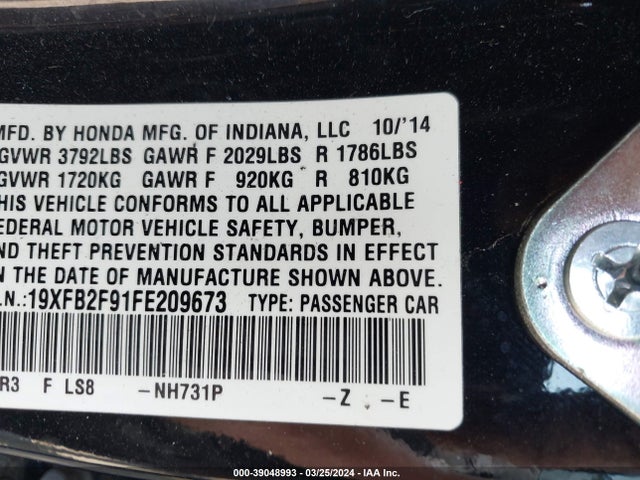 Honda Civic Ex-l 2015 19XFB2F91FE209673 Image 9