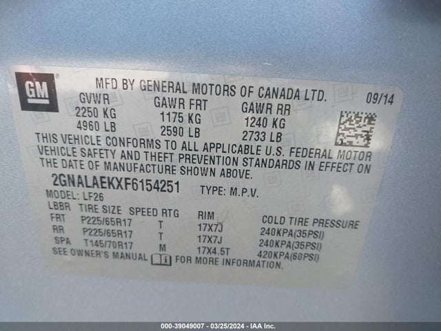 Chevrolet EQUINOX LS 2015 2GNALAEKXF6154251 Image 9