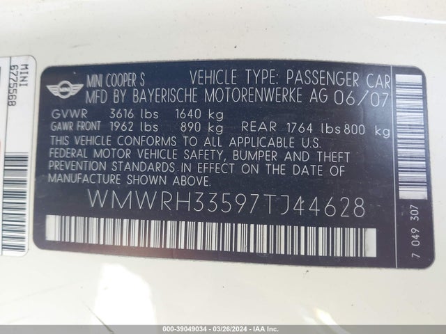2007 MINI COOPER S WMWRH33597TJ44628 Photo 8