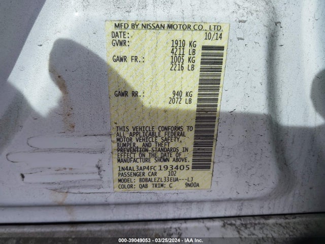 Nissan Altima 2.5 S 2015 1N4AL3AP4FC193405 Image 9
