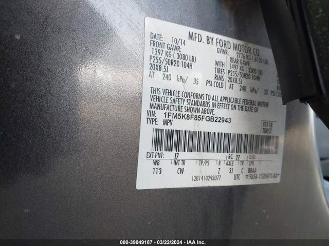 Ford Explorer Limited 2015 1FM5K8F85FGB22943 Image 9